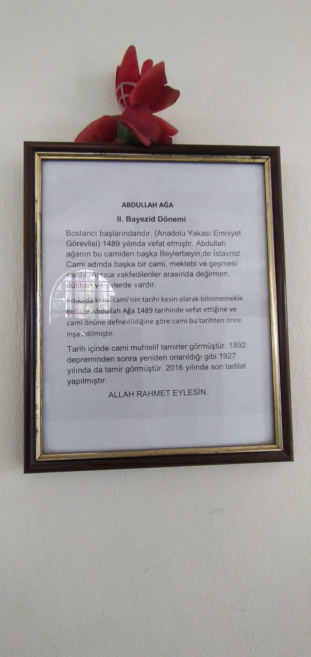 Bostancıbaşı Abdullah Ağa Açıklama Levhası, Kısıklı