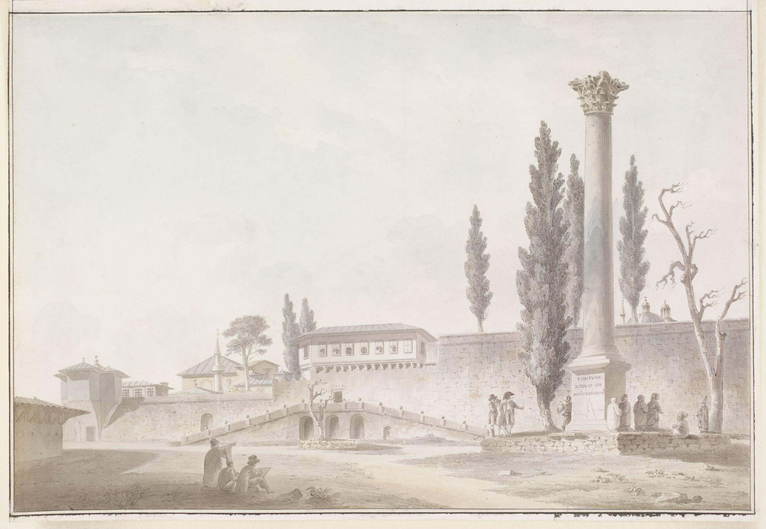Watercolour, The Gardens of the Seraglio with European visitors inspecting the Column of the Goths, Constantinople, about 1800-1820, by Michel-François Préaulx [Préaux]