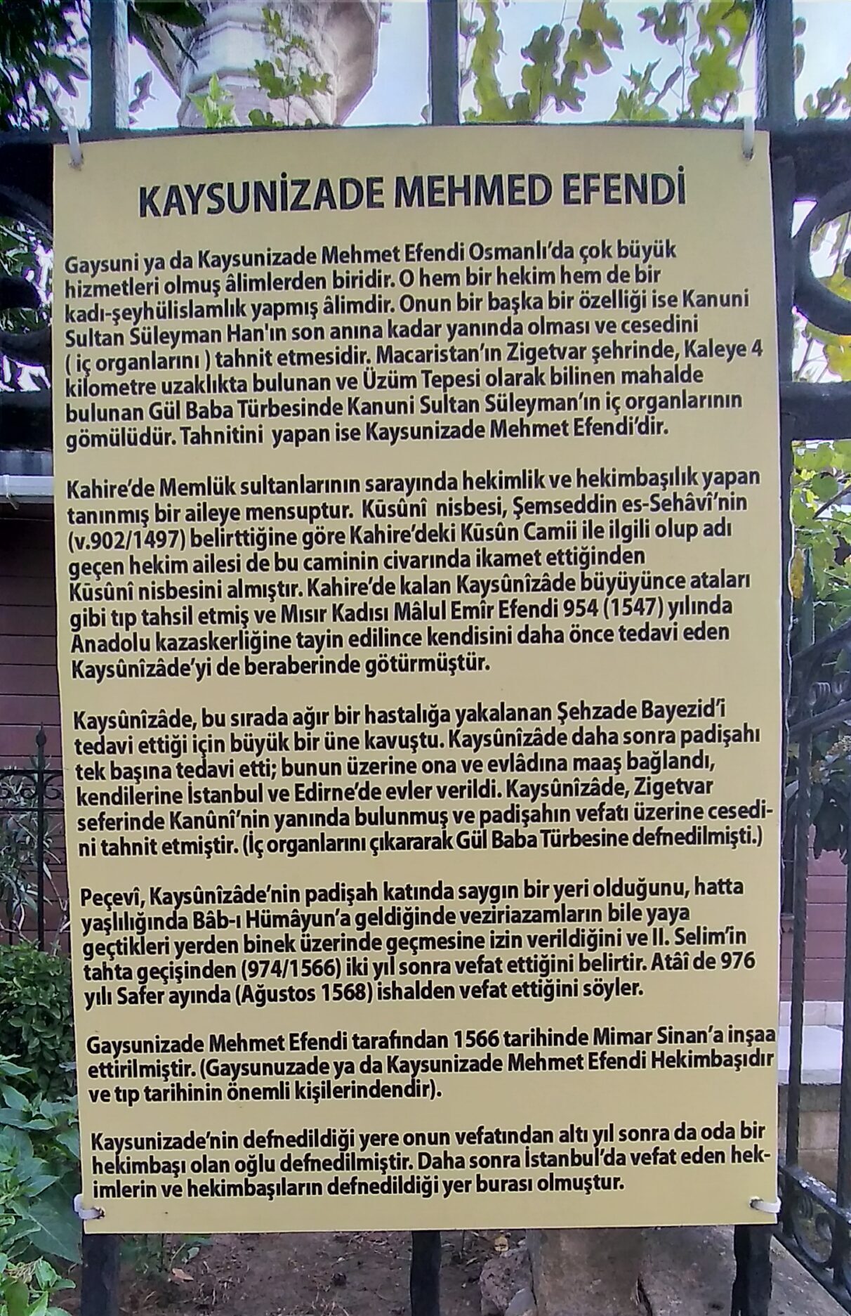 Gaysunizade Mehmet Efendi Kabri Açıklama Tabelası