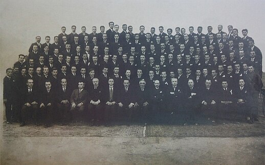1928 yılında ilk mezunlar öğretim elemanlarıyla birlikte. Önde oturan öğretim üyeleri soldan sağa: (3) Süheyb Nizami Derbil; (4) Veli Saltık; (5) Nusret Metya; (6)Cemil Bilsel; (7) Mahmut Esad Bozkurt; (8) Ahmed Ağaoğlu; (9) Mustafa Şeref Özkan; (10) Tevfik Kamil Koperler; (11) Sadri Maksudi Arsal; (12) Şevket Memedali Bilgişin; (13) Fahri Ecevit; (14) Mazhar Nedim Göknil.